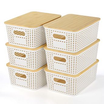 BPA Free PP Plastic Lidded Storage Baskets Stackable Organizer Bins 6 Pack