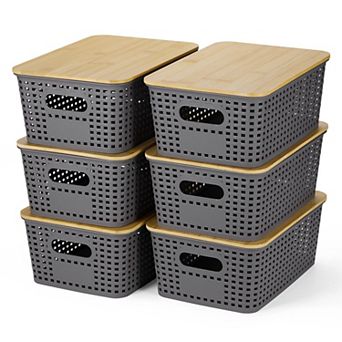 BPA Free PP Plastic Lidded Storage Baskets Stackable Organizer Bins 6 Pack