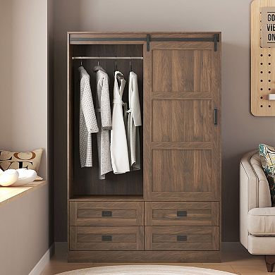 Pnronnc Modern 4 Door Wardrobe Closet with Motion Sensor LED Light, Mirror, 2 Drawers