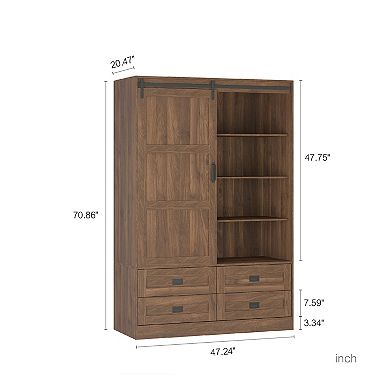 Pnronnc Modern 4 Door Wardrobe Closet with Motion Sensor LED Light, Mirror, 2 Drawers