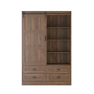 Pnronnc Modern 4 Door Wardrobe Closet with Motion Sensor LED Light, Mirror, 2 Drawers