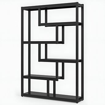 6 tier Industrial Bookcase with Dark Walnut Shelves for Books, Decor, and Photos