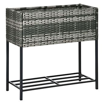 Raised PE Rattan Planter with Storage Shelf for Flowers, Herbs, Vegetables