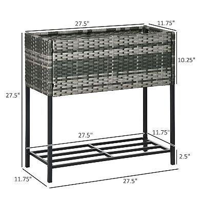 Raised PE Rattan Planter with Storage Shelf for Flowers, Herbs, Vegetables