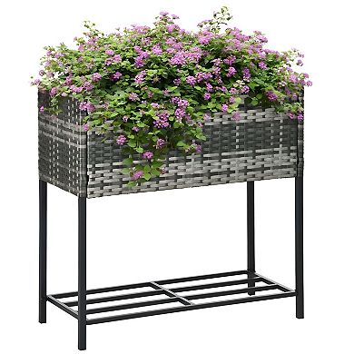 Raised PE Rattan Planter with Storage Shelf for Flowers, Herbs, Vegetables