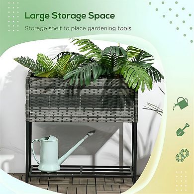 Raised PE Rattan Planter with Storage Shelf for Flowers, Herbs, Vegetables