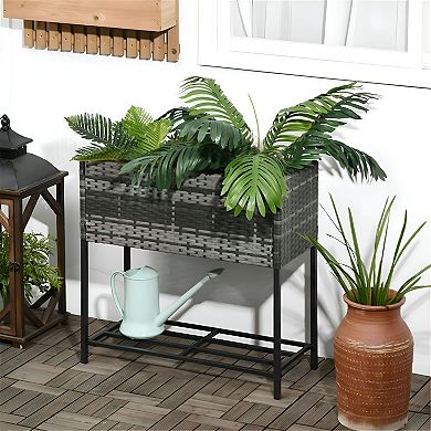 Raised PE Rattan Planter with Storage Shelf for Flowers, Herbs, Vegetables