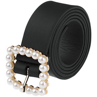 Women Faux Leather Pearl Buckle Belt, 1.2" Wide Waistband Waist Belts for Jeans Pants Dresses