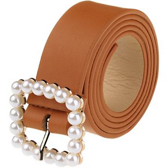 Women Faux Leather Pearl Buckle Belt, 1.2" Wide Waistband Waist Belts for Jeans Pants Dresses
