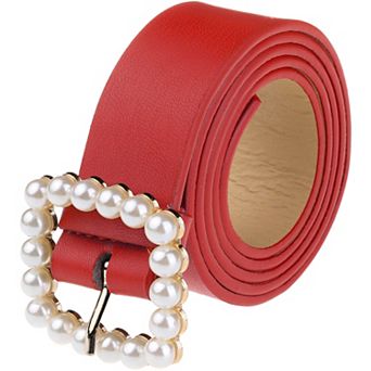 Women Faux Leather Pearl Buckle Belt, 1.2" Wide Waistband Waist Belts for Jeans Pants Dresses