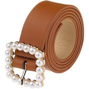 Women Faux Leather Pearl Buckle Belt, 1.2" Wide Waistband Waist Belts for Jeans Pants Dresses