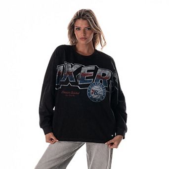 Women's The Wild Collective Black Philadelphia 76ers Oversized Graphic Dolman Long-Sleeve T-Shirt
