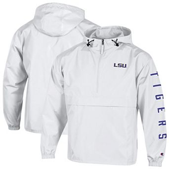 Men's Champion White LSU Tigers Cloud Packable Half-Zip Hooded Jacket