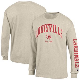 Men's Champion Heather Oatmeal Louisville Cardinals Neutral Arch Long-Sleeve T-Shirt