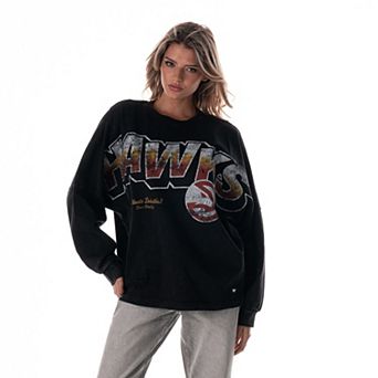 Women's The Wild Collective Black Atlanta Hawks Oversized Graphic Dolman Long-Sleeve T-Shirt