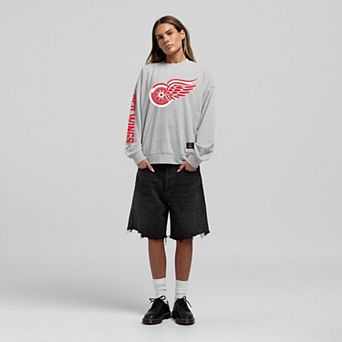 Women's Mitchell & Ness Heather Gray Detroit Red Wings Core 3-Hit Oversized Sweatshirt