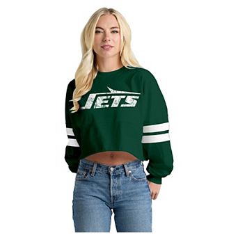 Women's Spirit Jersey Green New York Jets Oversized Cropped Stripe Long Sleeve T-Shirt
