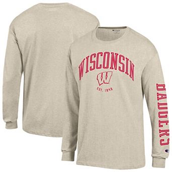 Men's Champion Heather Oatmeal Wisconsin Badgers Neutral Arch Long-Sleeve T-Shirt