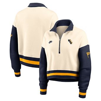 Women's Nike Natural/Navy West Virginia Mountaineers Oversized Legacy Color Block Cropped Quarter-Zip Pullover