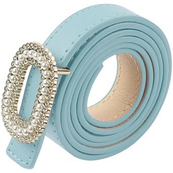Women's Faux Leather Thin Belt Ladies Belt with Pearl Rhinestone Buckle for Jeans Pants