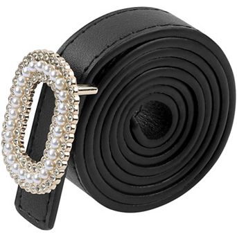 Women's Faux Leather Thin Belt Ladies Belt with Pearl Rhinestone Buckle for Jeans Pants