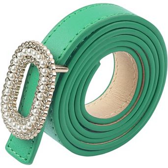 Women's Faux Leather Thin Belt Ladies Belt with Pearl Rhinestone Buckle for Jeans Pants