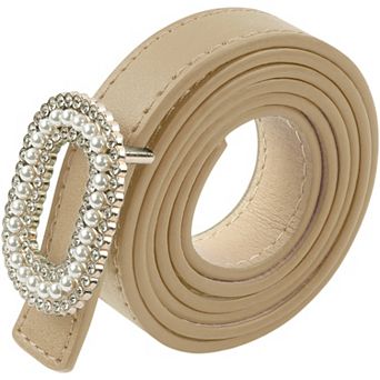 Women's Faux Leather Thin Belt Ladies Belt with Pearl Rhinestone Buckle for Jeans Pants