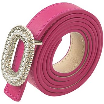 Women's Faux Leather Thin Belt Ladies Belt with Pearl Rhinestone Buckle for Jeans Pants
