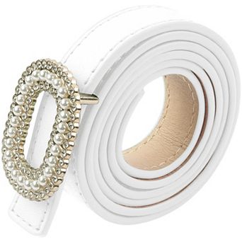 Women's Faux Leather Thin Belt Ladies Belt with Pearl Rhinestone Buckle for Jeans Pants
