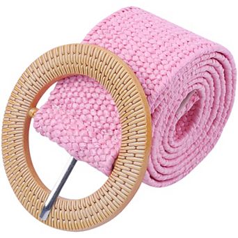 Women's Cotton and Linen Style Plastic Straw Braided Belt Circle Buckle for Dresses