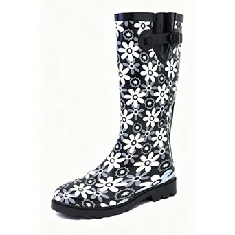 Women's Rain Boots Black/White Flowers Rubber Mid Calf Rainboot