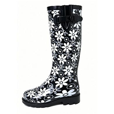 Women's Rain Boots Black/White Flowers Rubber Mid Calf Rainboot