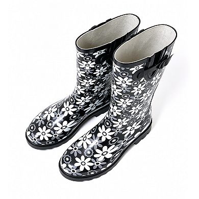 Women's Rain Boots Black/White Flowers Rubber Mid Calf Rainboot