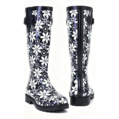 Women's Rain Boots Black/White Flowers Rubber Mid Calf Rainboot
