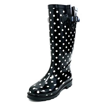 Women's Rain Boots Rubber Black Polka Dots Mid Calf Rainboot