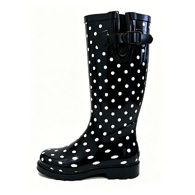 Women's Rain Boots Rubber Black Polka Dots Mid Calf Rainboot