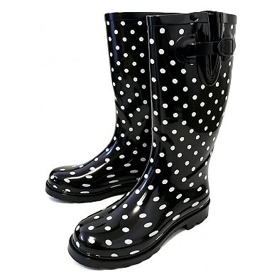 Women's Rain Boots Rubber Black Polka Dots Mid Calf Rainboot