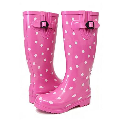 Women's Rain Boots Rubber Pink Polka Dots Mid Calf Rainboot