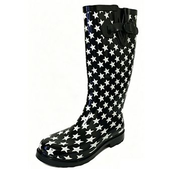 Women's Rain Boots Rubber Black White Stars Mid Calf Rainboot