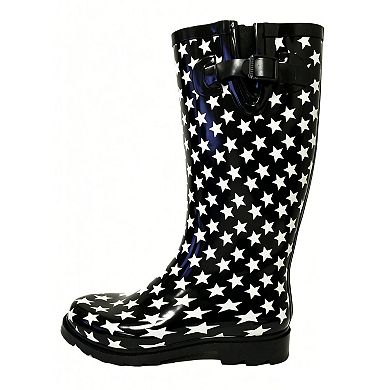 Women's Rain Boots Rubber Black White Stars Mid Calf Rainboot