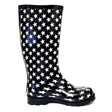 Women's Rain Boots Rubber Black White Stars Mid Calf Rainboot