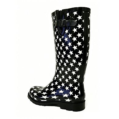 Women's Rain Boots Rubber Black White Stars Mid Calf Rainboot