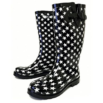 Women's Rain Boots Rubber Black White Stars Mid Calf Rainboot