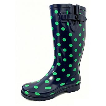 Women's Rain Boots Rubber Black Green Dots Mid Calf Rainboot