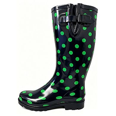 Women's Rain Boots Rubber Black Green Dots Mid Calf Rainboot