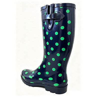 Women's Rain Boots Rubber Black Green Dots Mid Calf Rainboot