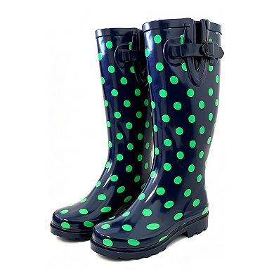 Women's Rain Boots Rubber Black Green Dots Mid Calf Rainboot