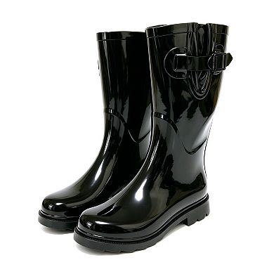 Women's Black Rain Boots Rubber 10" Adjustable Side Buckle Ankle