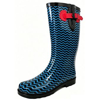 Women's Rain Boots Rubber Black Blue Chervon Mid Calf Rainboot,