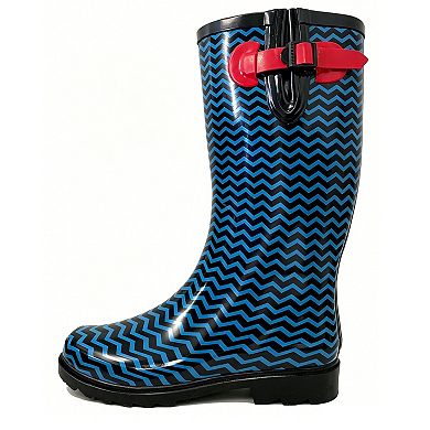 Women's Rain Boots Rubber Black Blue Chervon Mid Calf Rainboot,
